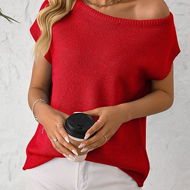 Women's Off The Shoulder Knit Casual Short Sleeve Oversized Shirt