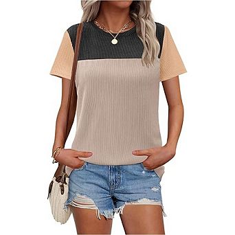 Womens Color Block Fashion Short Sleeve Crewneck Knitted Casual Loose T Shirts