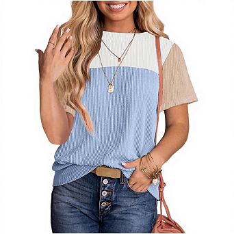 Womens Color Block Fashion Short Sleeve Crewneck Knitted Casual Loose T Shirts