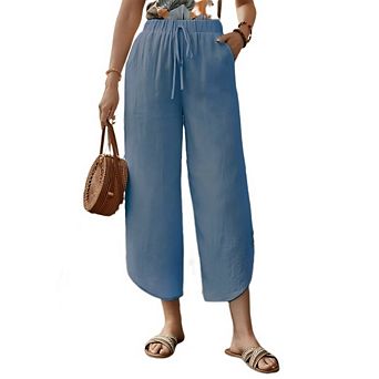 Womens Cotton Linen Pants Summer Wide Leg Casual Loose Waist Drawstring Palazzo Capri with Pockets