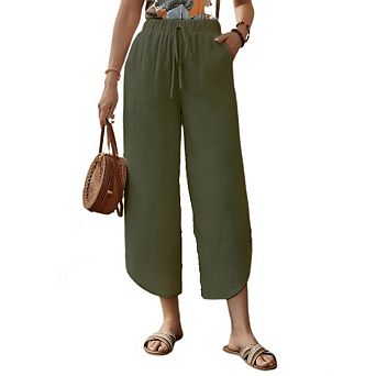Womens Cotton Linen Pants Summer Wide Leg Casual Loose Waist Drawstring Palazzo Capri with Pockets