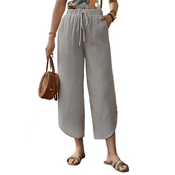 Womens Cotton Linen Pants Summer Wide Leg Casual Loose Waist Drawstring Palazzo Capri with Pockets