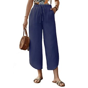 Womens Cotton Linen Pants Summer Wide Leg Casual Loose Waist Drawstring Palazzo Capri with Pockets