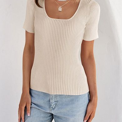 Women's Short Sleeve Square Neck Slim Fitted Ribbed Knit Basic Casual T Shirts