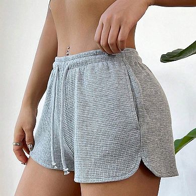 Women's Sports Drawstring Elastic High Waist Casual Solid Color Waffle Shorts with Pockets