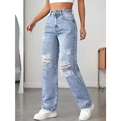 Wome's Ripped Jeans High Waisted Distressed Baggy Straight Wide Leg Pants