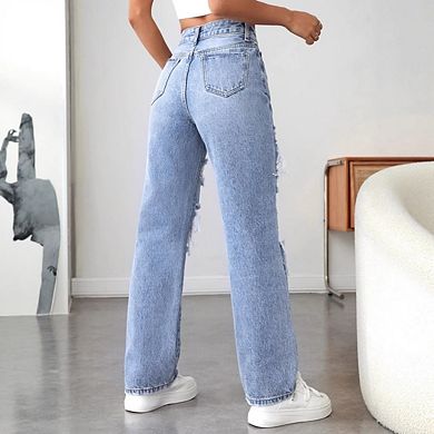 Wome's Ripped Jeans High Waisted Distressed Baggy Straight Wide Leg Pants
