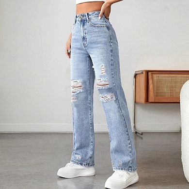 Wome's Ripped Jeans High Waisted Distressed Baggy Straight Wide Leg Pants