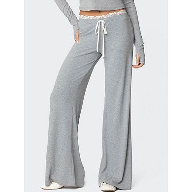 Women's Lace Patchwork Wide-leg Floor-length Pants Gentle Style with Elastic Slim Fit Casual