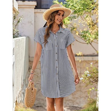 Women Button Down Short Sleeve Shirt Dresses Casual Mini Beach Dress