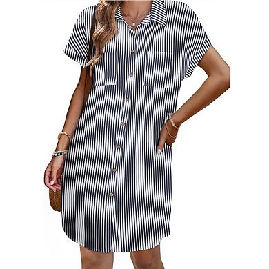 Women Button Down Short Sleeve Shirt Dresses Casual Mini Beach Dress