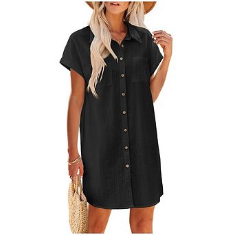 Women Button Down Short Sleeve Shirt Dresses Casual Mini Beach Dress