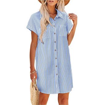 Women Button Down Short Sleeve Shirt Dresses Casual Mini Beach Dress