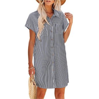 Women Button Down Short Sleeve Shirt Dresses Casual Mini Beach Dress