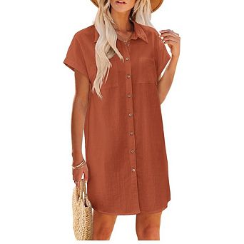 Women Button Down Short Sleeve Shirt Dresses Casual Mini Beach Dress