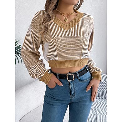 Women's Cropped Sweater Striped V-Neck Long Sleeve Pullover Jumper Knit Top