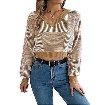 Women's Cropped Sweater Striped V-Neck Long Sleeve Pullover Jumper Knit Top