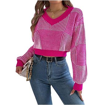 Women's Cropped Sweater Striped V-Neck Long Sleeve Pullover Jumper Knit Top