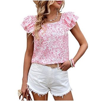 Womens Bow Tie Back Round Neck Ruffle Short Sleeve Babydoll Women Trendy Tunic