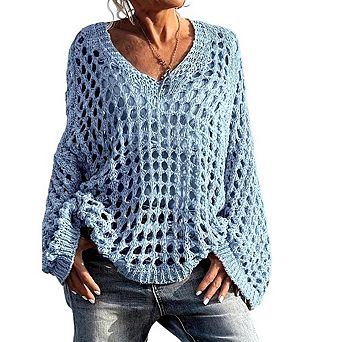 Womens V Neck Long Sleeve Sweater Casual Crochet Hollow Out Knit Tops Pullover Shirts Coverup