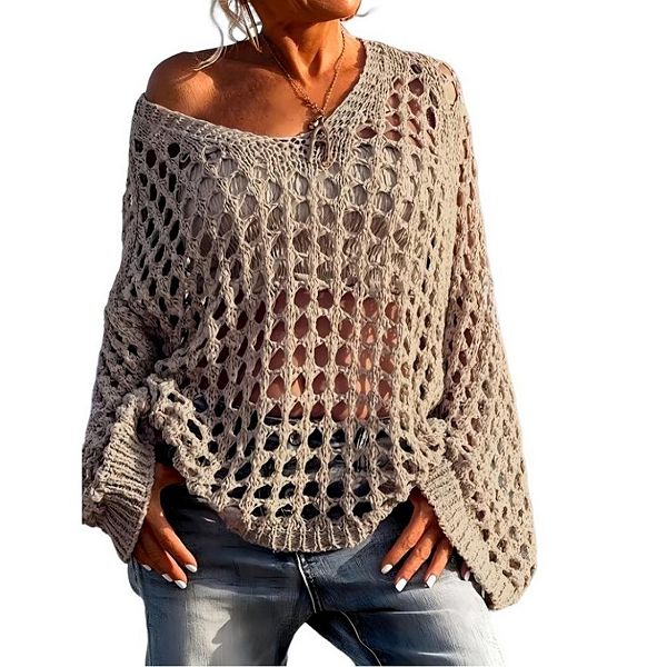 Womens V Neck Long Sleeve Sweater Casual Crochet Hollow Out Knit