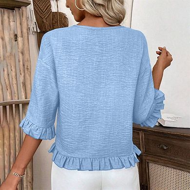 Womens Ruffle 3/4 Sleeve Casual Blouses Crew Neck Drop Shoulder Dressy