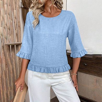 Womens Ruffle 3/4 Sleeve Casual Blouses Crew Neck Drop Shoulder Dressy