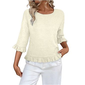 Womens Ruffle 3/4 Sleeve Casual Blouses Crew Neck Drop Shoulder Dressy