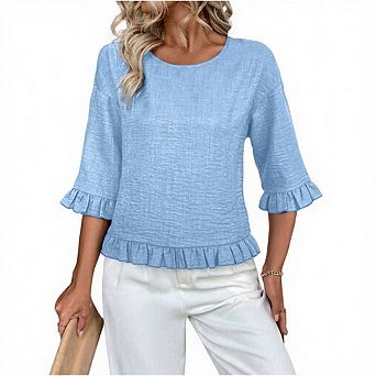 Womens Ruffle 3/4 Sleeve Casual Blouses Crew Neck Drop Shoulder Dressy