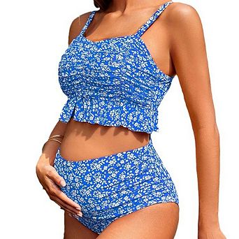 Women's Plus-size Maternity Swimsuit Floral Print High Elasticity High Waist Two Piece Bathing Suit