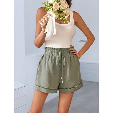 Women's Sports Drawstring Elastic High Waist Wide Leg Casual Solid Color Shorts with Pockets