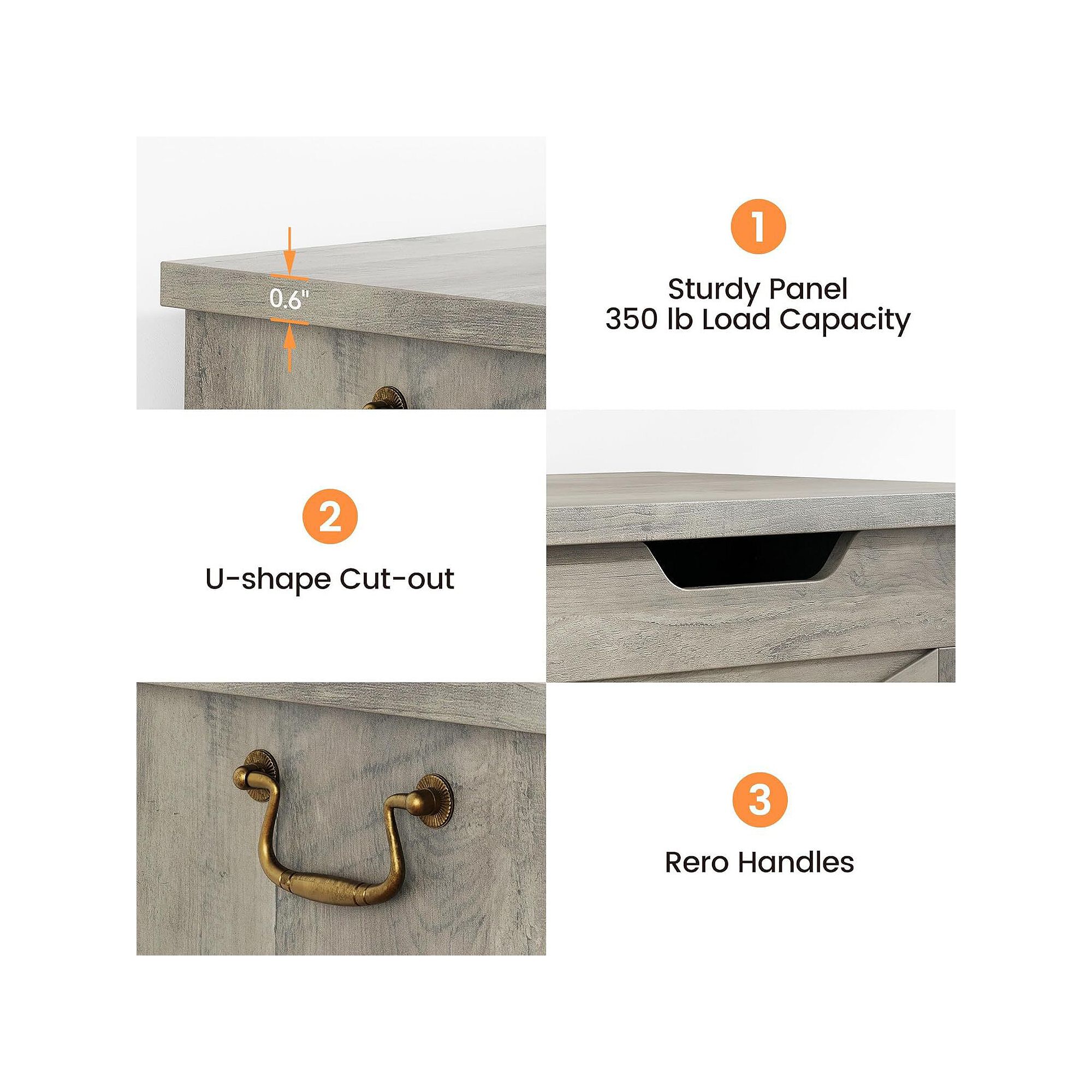 Safety hinge storage chest features with cut-out and load capacity callouts