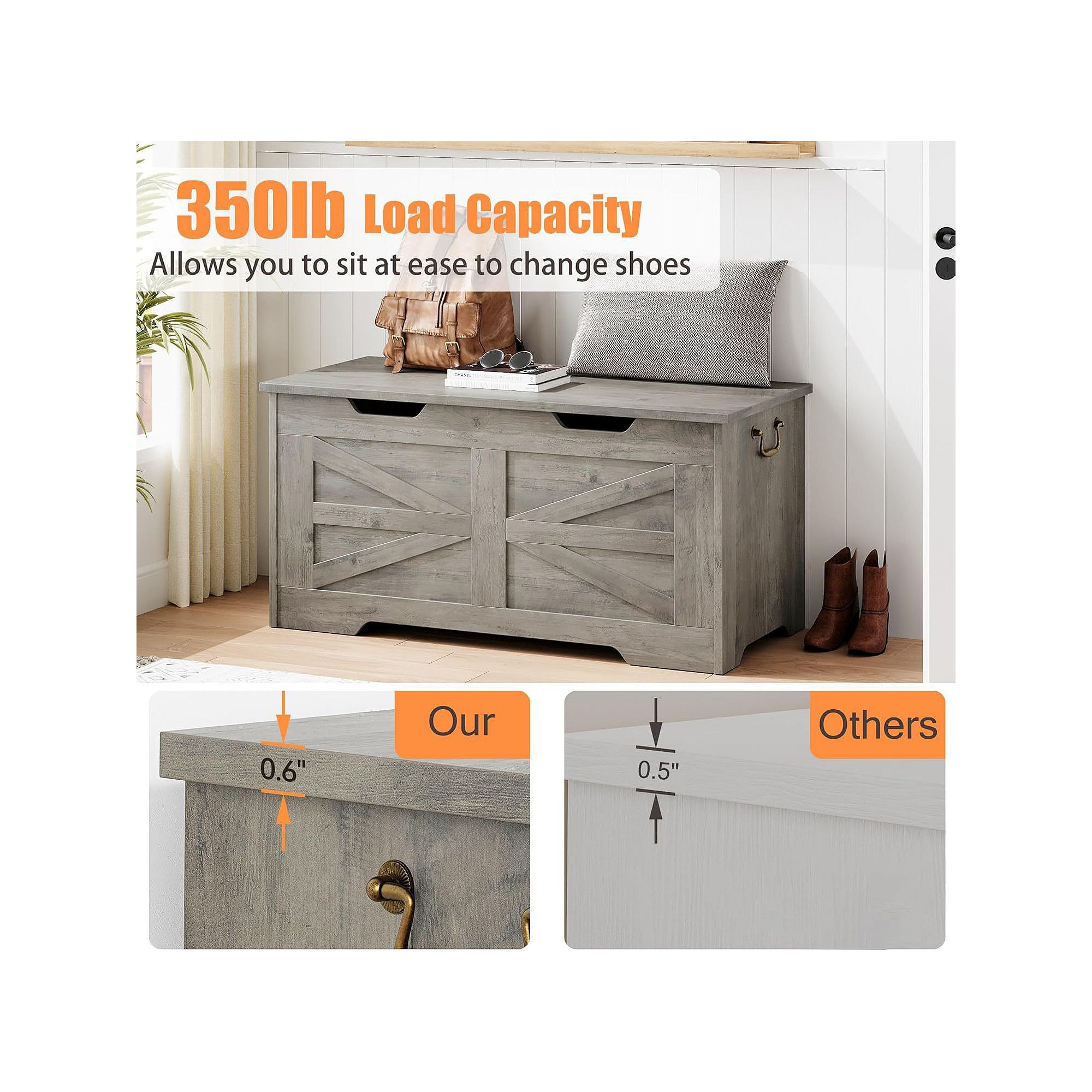 Grey wooden storage bench with flip-top lid and 350 lb load capacity callout