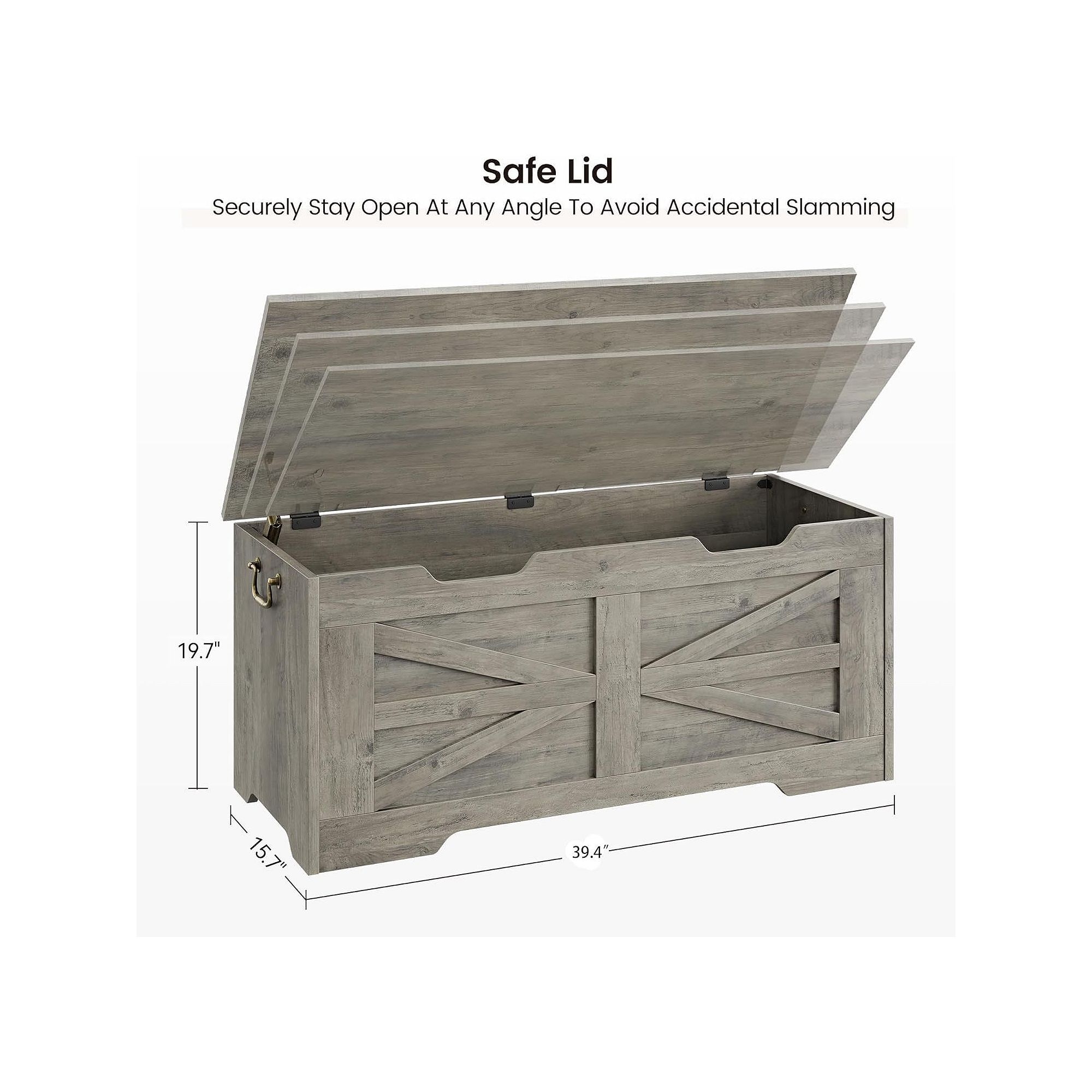 Grey flip-top wooden storage chest with safety hinge dimensions