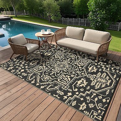 Outdoor Rug Waterproof Reversible Plastic Straw Mat, UV-Resistant Vintage Medallion Camping Carpet