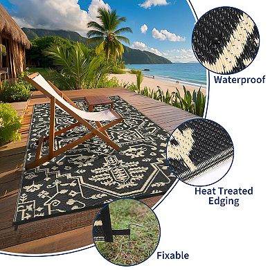 Outdoor Rug Waterproof Reversible Plastic Straw Mat, UV-Resistant Vintage Medallion Camping Carpet
