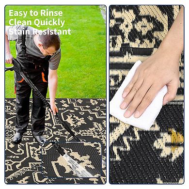 Outdoor Rug Waterproof Reversible Plastic Straw Mat, UV-Resistant Vintage Medallion Camping Carpet