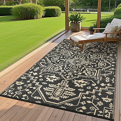 Outdoor Rug Waterproof Reversible Plastic Straw Mat, UV-Resistant Vintage Medallion Camping Carpet