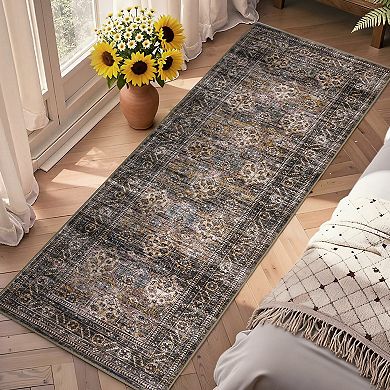 Vintage Washable Area Rug with Non-Slip Backing Stain-Resistant Foldable Low Pile Carpet