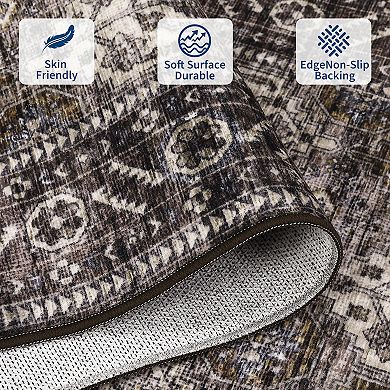 Vintage Washable Area Rug with Non-Slip Backing Stain-Resistant Foldable Low Pile Carpet
