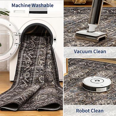 Vintage Washable Area Rug with Non-Slip Backing Stain-Resistant Foldable Low Pile Carpet