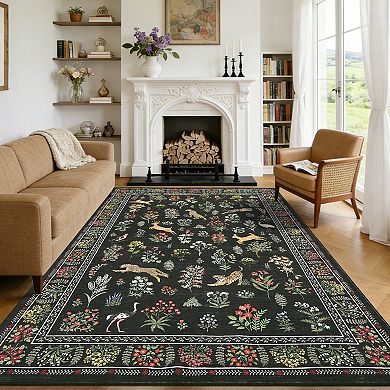 Botanical Animal Machine Washable Rug Non Slip Soft Non Shedding Floral Carpet for Playroom