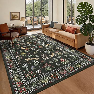 Botanical Animal Machine Washable Rug Non Slip Soft Non Shedding Floral Carpet for Playroom
