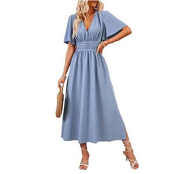 Women's Flowy Midi Dress Casual V Neck Short Sleeve Empire Waist Boho Beach Wedding Guest Dresses