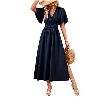 Women's Flowy Midi Dress Casual V Neck Short Sleeve Empire Waist Boho Beach Wedding Guest Dresses