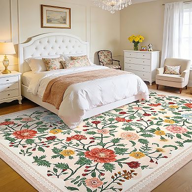 Floral Washable Area Rug with Non-Slip Backing Stain-Resistant Foldable Low Pile Carpet