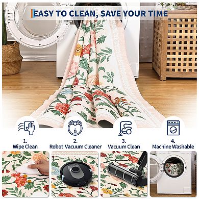 Floral Washable Area Rug with Non-Slip Backing Stain-Resistant Foldable Low Pile Carpet