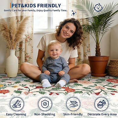 Floral Washable Area Rug with Non-Slip Backing Stain-Resistant Foldable Low Pile Carpet
