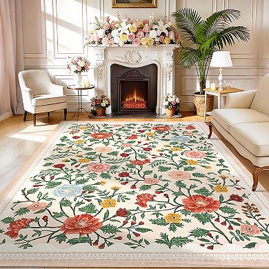 Floral Washable Area Rug with Non-Slip Backing Stain-Resistant Foldable Low Pile Carpet