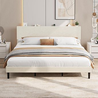 Corduroy Upholstered Platform Bed Frame with Adjustable Storage Headboard, No Box Spring Needed